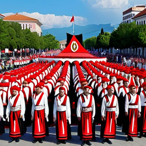 Home 11 A grand parade in Skanderbeg Square, Tirana, featuring people in traditional Albanian clothing, celebrating Albania's Independence Day under a vibrant, colorful atmosphere.
