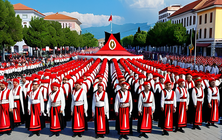 A grand parade in Skanderbeg Square, Tirana, featuring people in traditional Albanian clothing, celebrating Albania's Independence Day under a vibrant, colorful atmosphere.