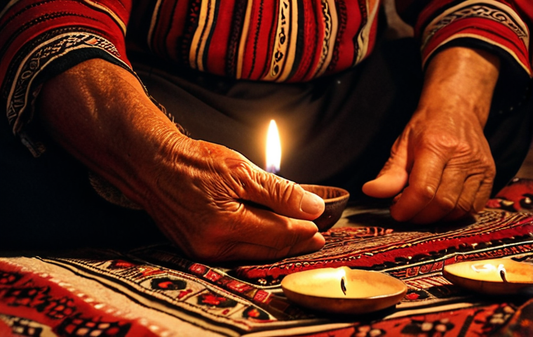 **A close-up, vibrant photo of a Lahuta being played in a dimly lit, rustic Albanian setting. The musician's hands are aged and expressive, with warm, inviting eyes. In the background, soft candlelight illuminates traditional Albanian patterns on a woven rug. The scene evokes a sense of history, tradition, and heartfelt storytelling.**